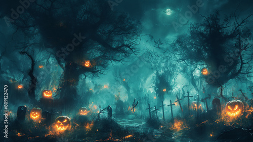 A Halloween themed scene with a graveyard and trees