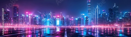 Dazzling Inspired Skyline of a Vibrant Business District at Night