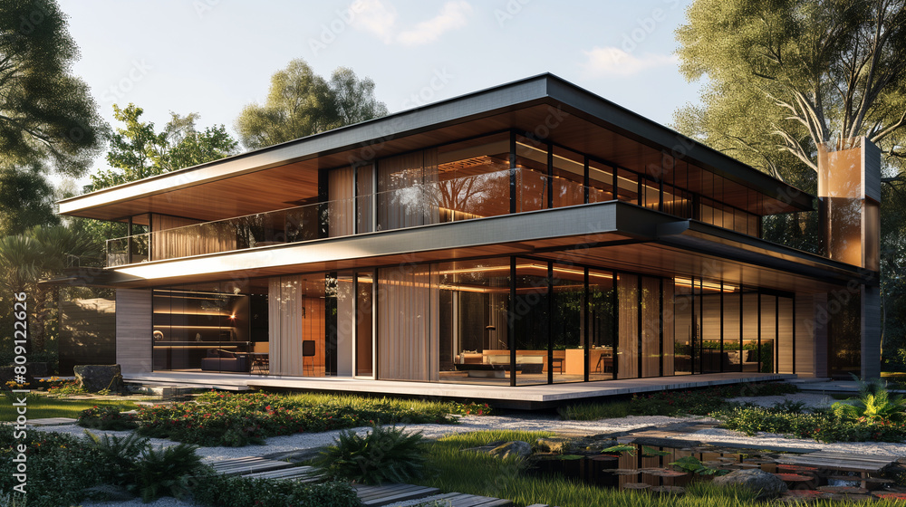 A large house with a lot of windows and a large patio A large house with a lot of windows and a large patio