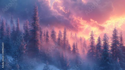 A beautiful, serene forest scene with a pink and orange sky