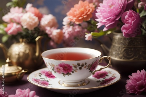 Black tea serving in a porcelain mug photography with flowers background