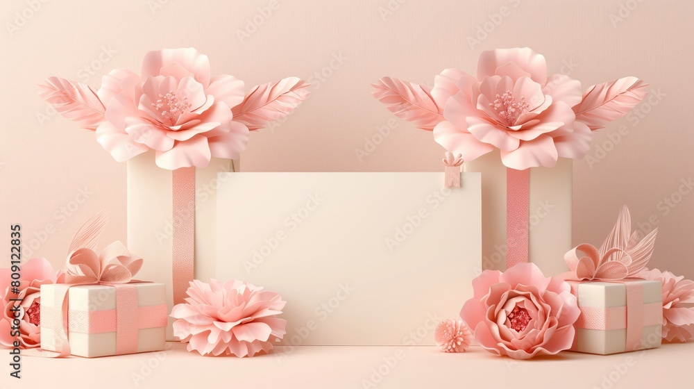 Wrapped pink Gift Boxes, paper flowers and feathers, mockup Wrapped pink Gift Boxes, paper flowers and feathers, mockup
