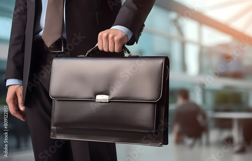 hands of businessman holding a briefcase on blurred office backg