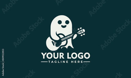 ghost with guitar mucic vector logo ghost and guitar in negative space logo stock vector  photo