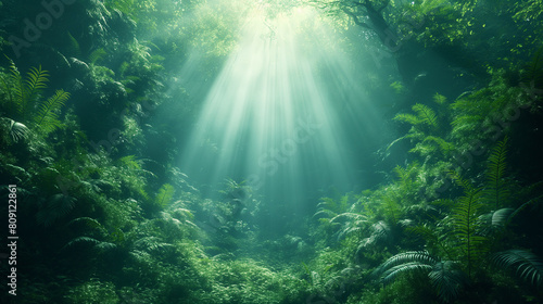 A lush green forest with sunlight shining through the trees