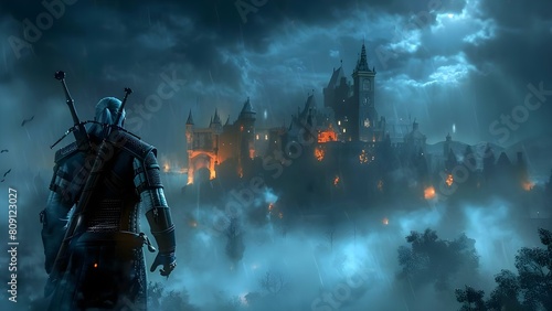 Witcher hero stands in misty castle ready for adventure and danger. Concept Fantasy, Adventure, Witcher, Castle, Mystery photo