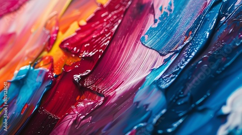 Glossy acrylic texture with bold brushstrokes and vivid colors.