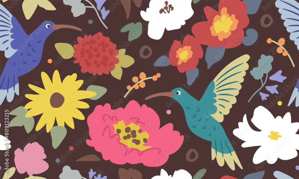 Seamless pattern with doodle flowers and hummingbird on black background. Repeat flat floral wallpaper, wrapping paper, textile design. Vector illustration Seamless pattern with doodle flowers and hummingbird on black background. Repeat flat floral wallpaper, wrapping paper, textile design. Vector illustration