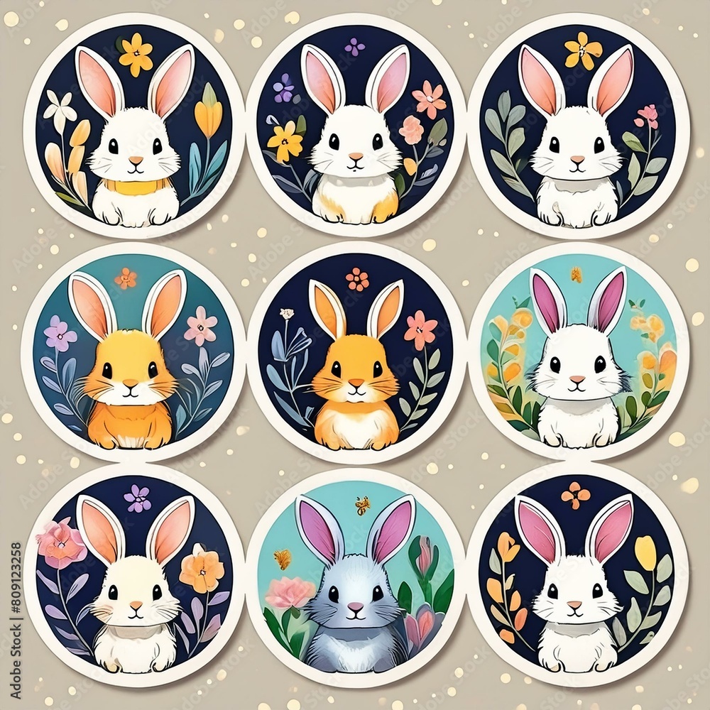 Fototapeta premium Circular Bunny Stickers featuring adorable illustrations of fluffy bunnies in various poses