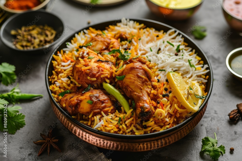 Chicken biriyani using jeera rice and spices arranged in earthen ware with raitha and lemon pickle, Ai generated Chicken biriyani using jeera rice and spices arranged in earthen ware with raitha and lemon pickle, Ai generated