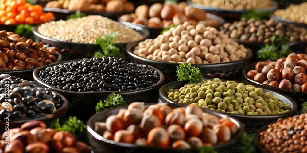 Plantbased diet focus on fruits vegetables grains nuts seeds and legumes. Concept Plant-Based Diet, Fruits, Vegetables, Grains, Nuts, Seeds, Legumes