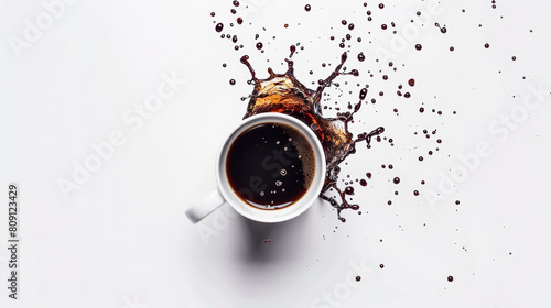 A white coffee cup with a splash of coffee on the table