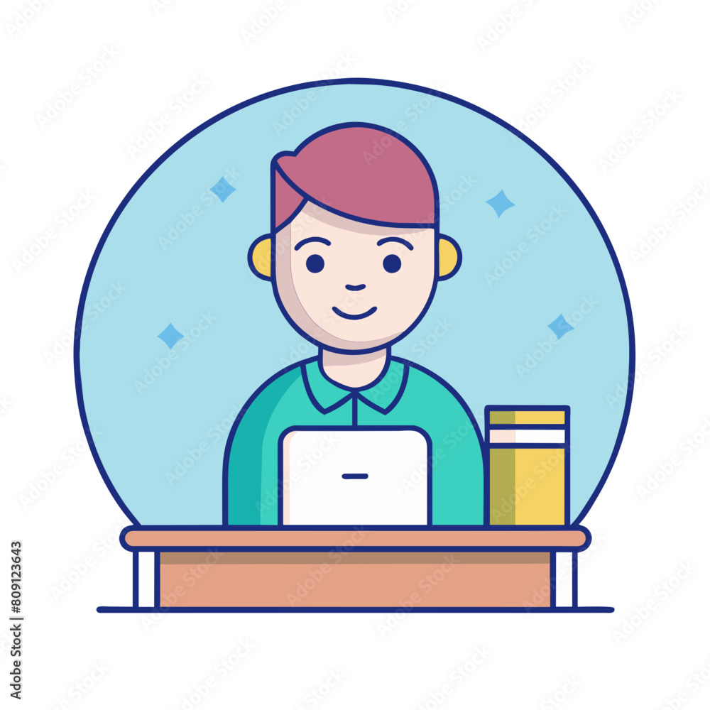 Vector illustration of a cheerful man sitting at a desk, engaged with a laptop and a book, displaying a genuine smile while thoroughly enjoying his work. Sense of satisfaction and productivity Vector illustration of a cheerful man sitting at a desk, engaged with a laptop and a book, displaying a genuine smile while thoroughly enjoying his work. Sense of satisfaction and productivity