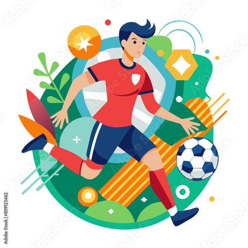 Vector illustration of a joyful young man in a red shirt and blue shorts, running enthusiastically towards a soccer ball with a beaming smile, exuding enjoyment and passion for the game