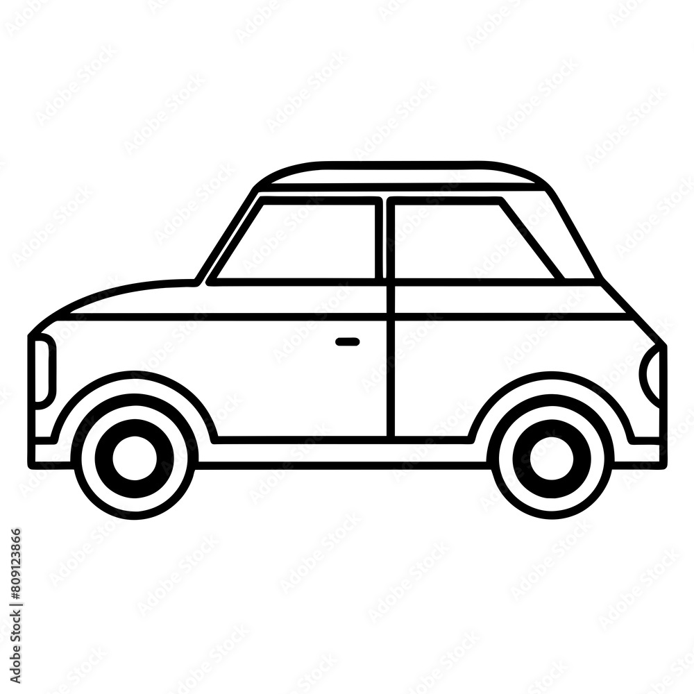 Vector Black and White Illustration of a Car, Classic Design Elements in a Simple, Minimalist Style. Ideal for Automotive Manuals, Traffic Safety Materials, or Transportation-themed Graphics