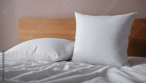 White pillows on comfortable bed in modern bedroom.