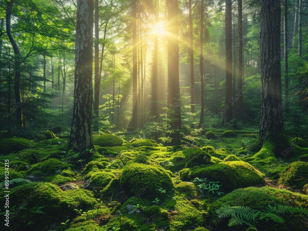 Fototapeta premium Bright sun rays filtering through dense forest foliage