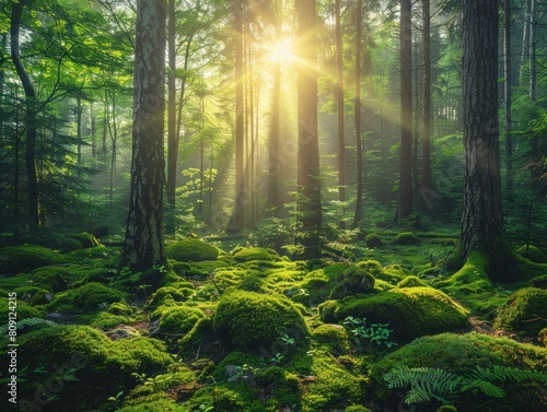 Bright sun rays filtering through dense forest foliage