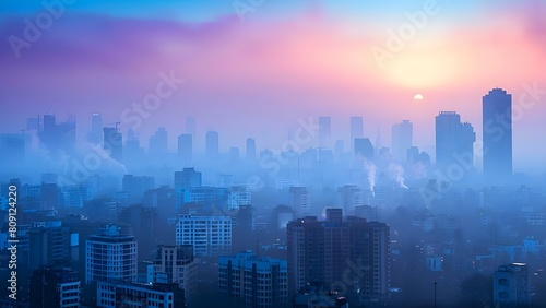 Image shows polluted city skyline highlighting negative impact of urban air pollution. Concept Urban Air Pollution  Environmental Degradation  Polluted Skies  Cityscape Pollution  Negative Impact