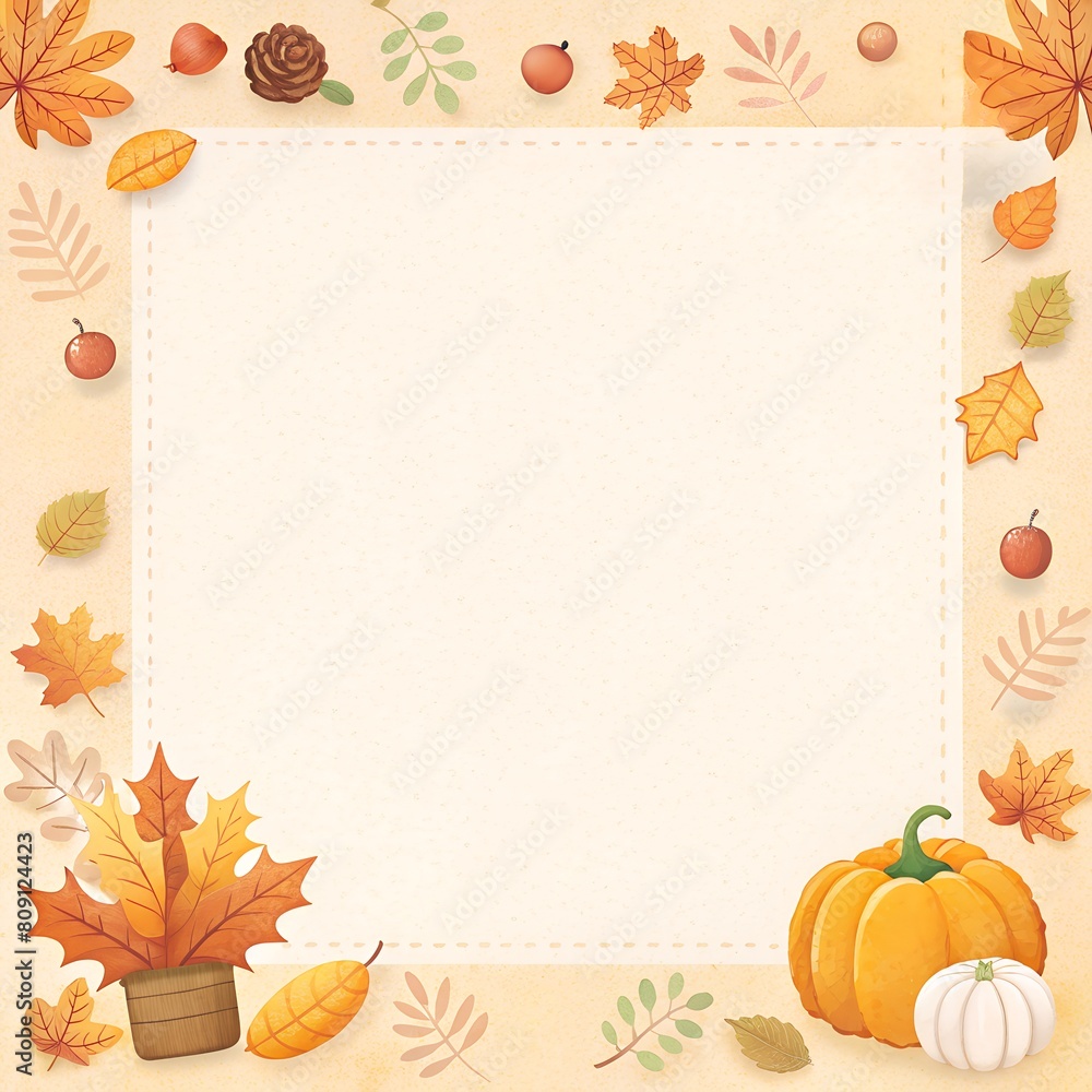 Fototapeta premium Cozy Autumn-themed Frame: Warm Earthy Colors, Soft Stitched Border - Ideal for Text or Photos. Surrounded by Fall Elements. Background Enhances Festive Feel of Fall.