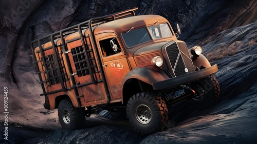 An old brown truck with a door open and the word  camper  on the side.