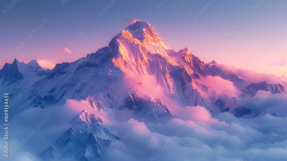 Majestic Mountain Peak at Breathtaking Sunrise Amid Ethereal Mist Covered Landscape of Natural Serenity and Beauty