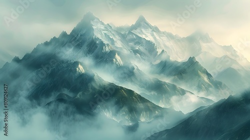 Majestic Mountain Landscape at Dawn Ethereal Peaks Cloaked in Mist and Illuminated by the First Light of Day