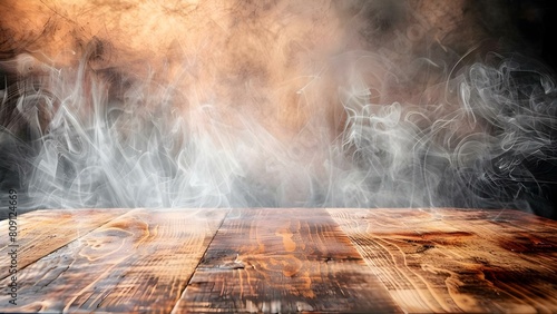 Displaying Food on a Rustic Wooden Table Against a Smoky Background. Concept Food Styling, Rustic Setting, Smoky Background, Culinary Photography, Visual Composition