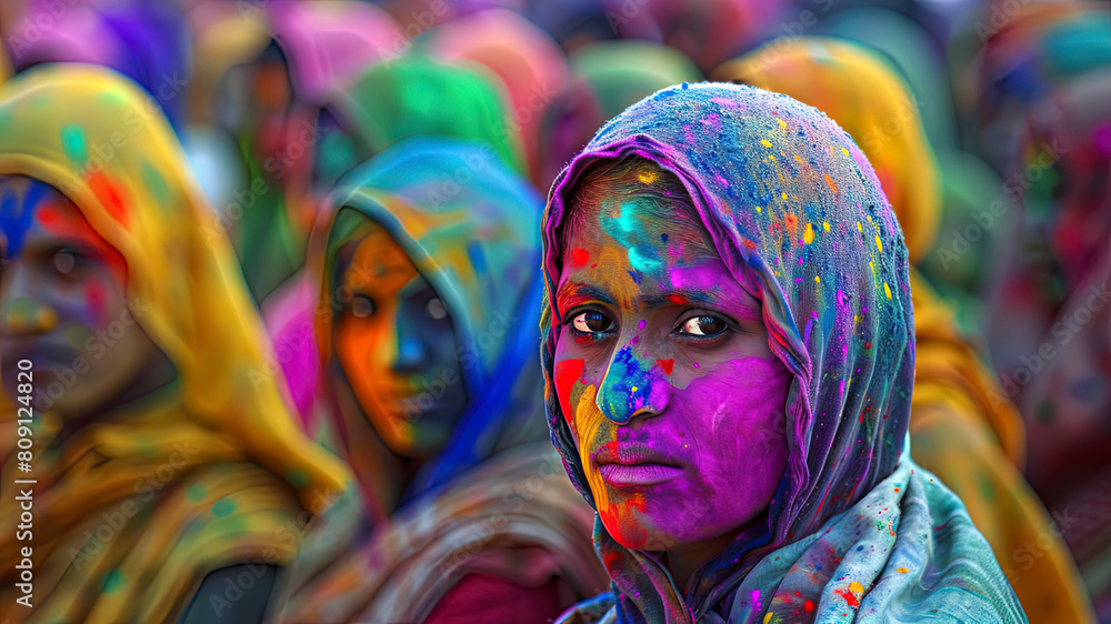 close up of a color festival scene in india, face with colors, colored background