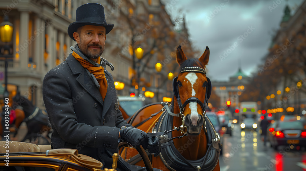 A man in a top hat stands next to a carriage. People and horses are in the background.