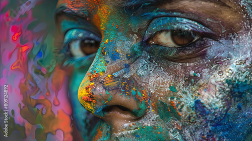 close up of a color festival scene in india  face with colors  colored background