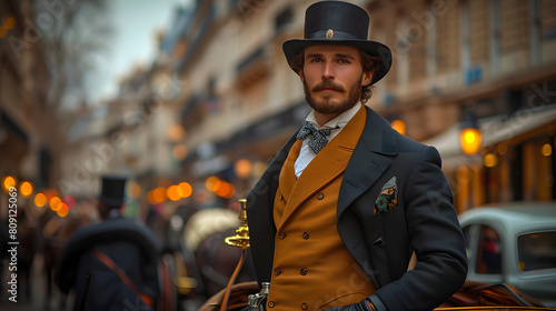 A man in a top hat stands next to a carriage. People and horses are in the background.