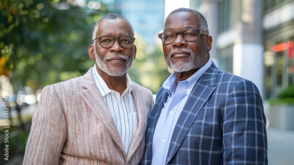 Two elderly twin men smartly dressed smiling and standing together Two elderly twin men smartly dressed smiling and standing together