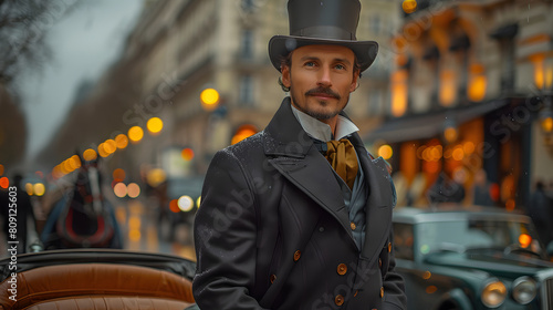 A man in a top hat stands next to a carriage. People and horses are in the background.