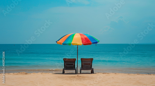 A colorful umbrella is set up on a beach with two lounge chairs underneath it