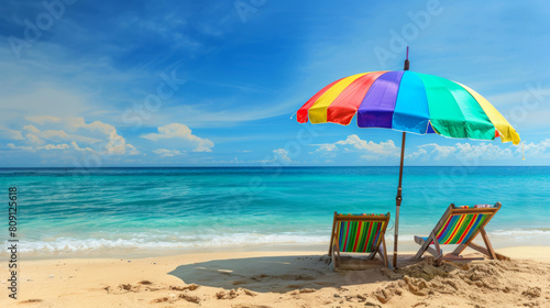A colorful beach umbrella is shading two beach chairs