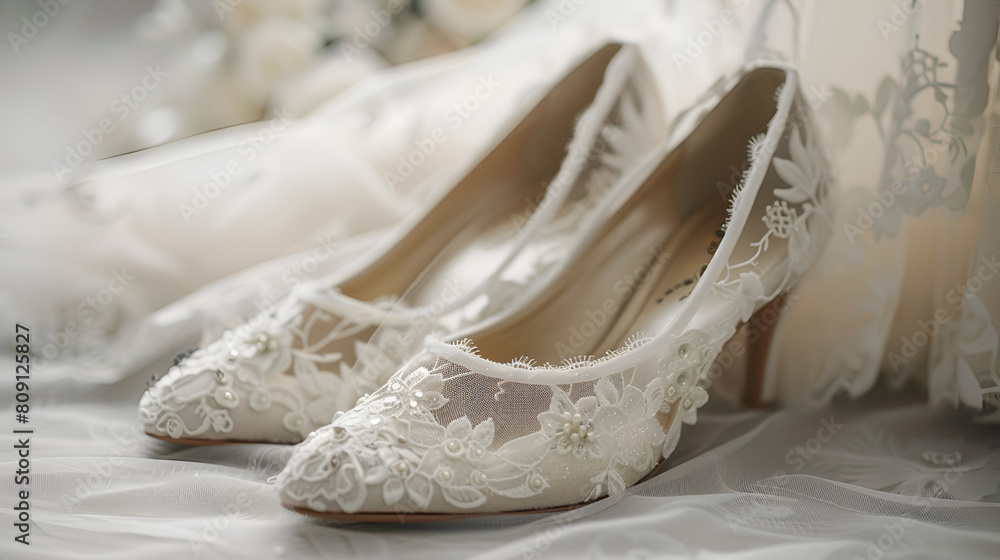 Elegant wedding shoes for brides, dreamy motifs, blur effect in the back Elegant wedding shoes for brides, dreamy motifs, blur effect in the back