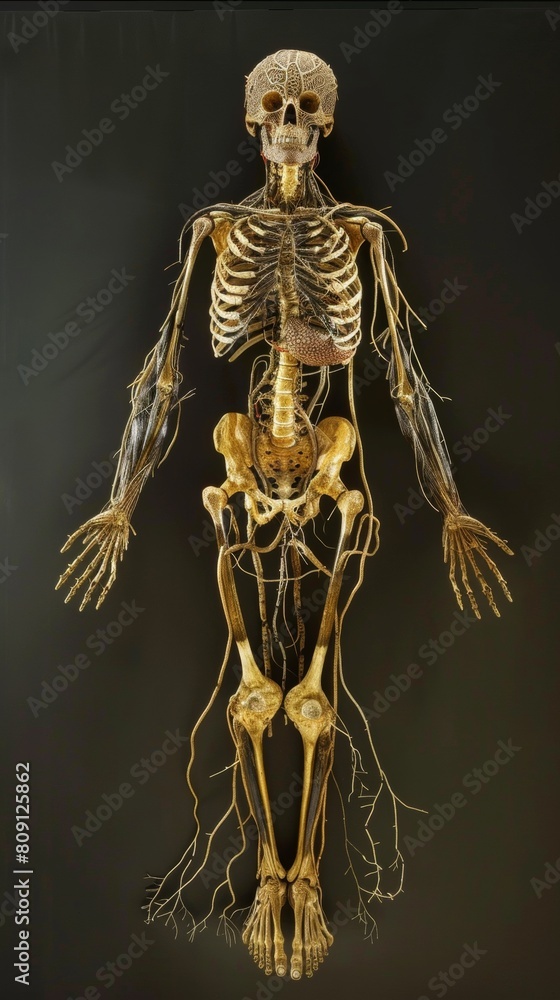 Artistic Human Skeleton Display with Detailed Bones and Nerves