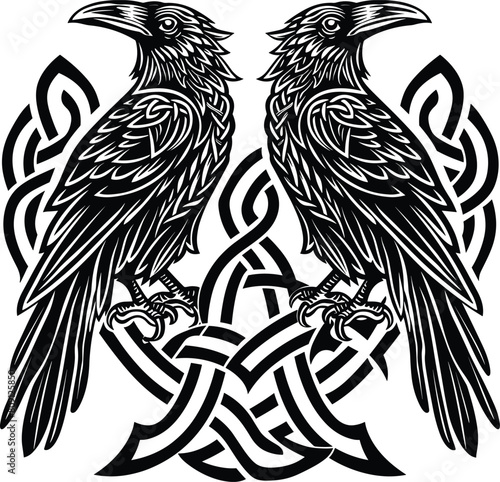 Two black crows drawn in Old Norse Celtic style, isolated on black, vector illustration