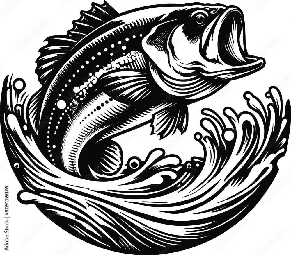 Naklejka premium Bass fish jumping mid air vector illustration.