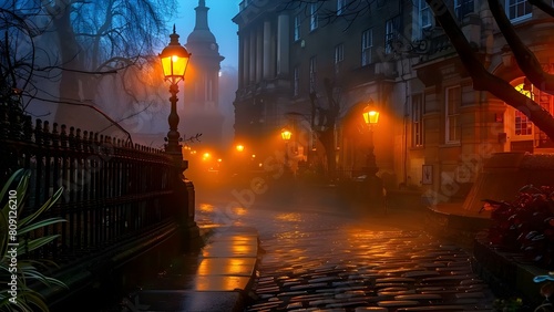 Atmospheric Victorian London scene with gaslights  fog  and cobblestone streets on a moody evening. Concept Victorian London  Gaslights  Foggy Evening  Cobbled Streets  Moody Atmosphere