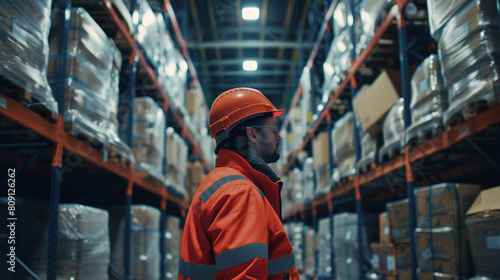 A man in a safety vest stands in a warehouse with boxes stacked on shelves