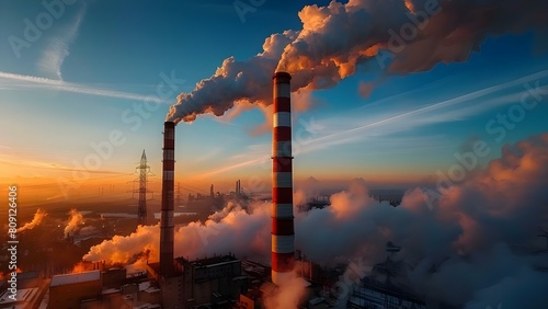 Impact of CO emissions from power plant smokestacks on global warming and urban pollution. Concept CO Emissions, Power Plant Smokestacks, Global Warming, Urban Pollution