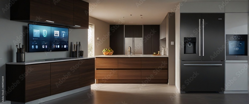 Showcase the power of the Internet of Things with a visually stunning image of a smart home filled with various connected devices and appliances AI, such as smart refrigerators, coffee makers Showcase the power of the Internet of Things with a visually stunning image of a smart home filled with various connected devices and appliances AI, such as smart refrigerators, coffee makers
