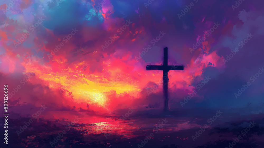 A painting of a cross in a sky with a sunset