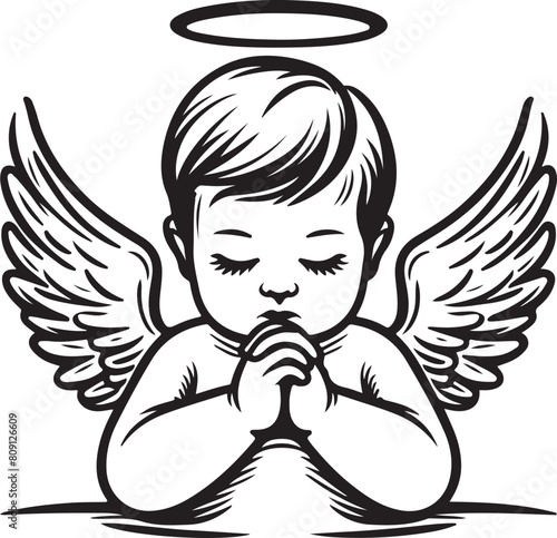 little baby angel praying vector and line art silhouette illustration white background - Generative AI