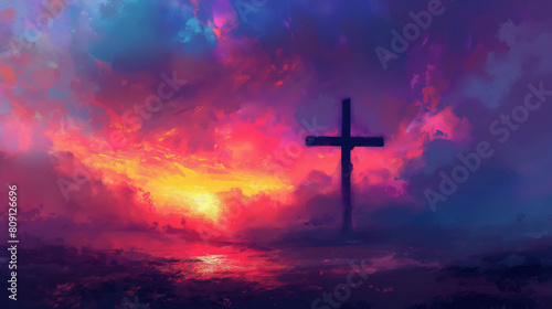 A painting of a cross in a sky with a sunset