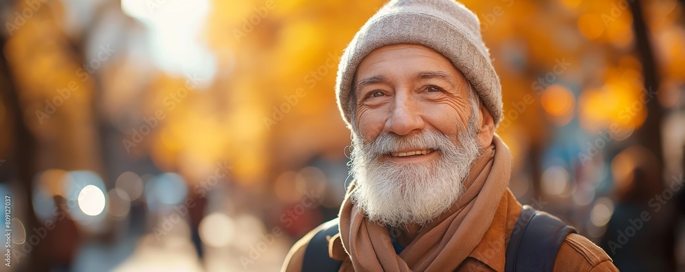 Smiling elderly man enjoying autumn season Smiling elderly man enjoying autumn season