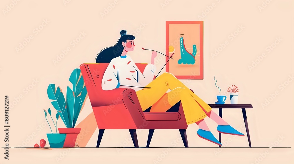 Joyful woman immersed in rhythmic knitting with warm and tranquil setting Joyful woman immersed in rhythmic knitting with warm and tranquil setting