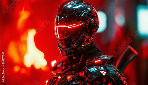 Fantastic warrior in black armor against a red fiery background